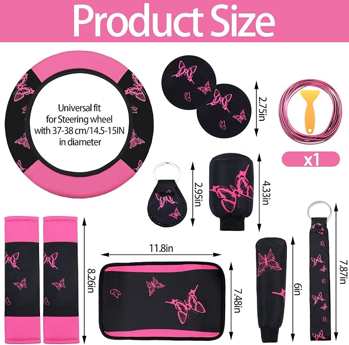 BBTO 47 Pcs Car Seat Full Set Car Accessories for Women 5 Front Rear Seat Covers Wrist Strap 2 Pieces Cup Mat Armrest Pad 2 Belt Cover Accessories for SUV(Pink Black)