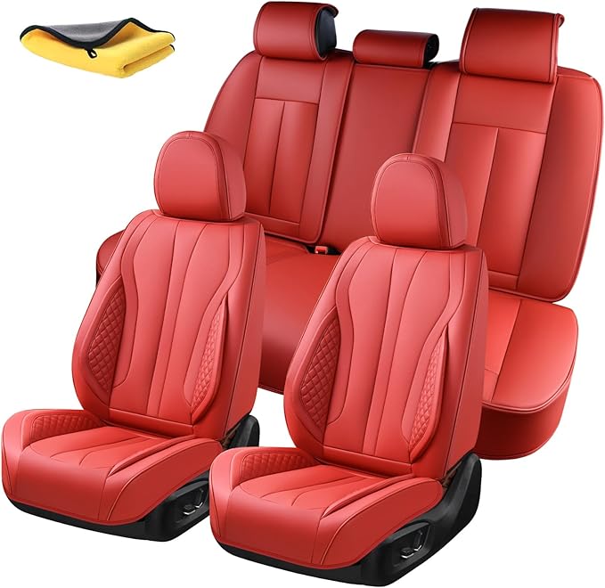 5-Seater Car Seat Covers Full Set, Fit for Front and Rear Seats of Cars, Waterproof and Breathable Nappa Leather, Compatible with Airbags, Car Seat Protector Covers for Most Cars - Wine red
