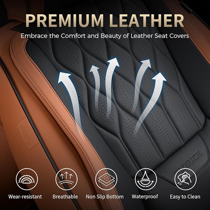 FLORICH Automotive Seat Covers Leather Seat Covers Front Seat Driver Seat Covers with Lumbar Support Luxury Car Seat Covers Waterproof Seat Cushion Universal Fit for Most Cars Trucks SUV, Brown&Black