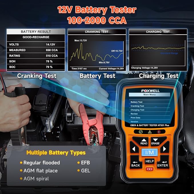 FOXWELL NT301 Plus 2 IN1 OBD2 Scanner Battery Tester with Storage Case Code Reader Scan Tool