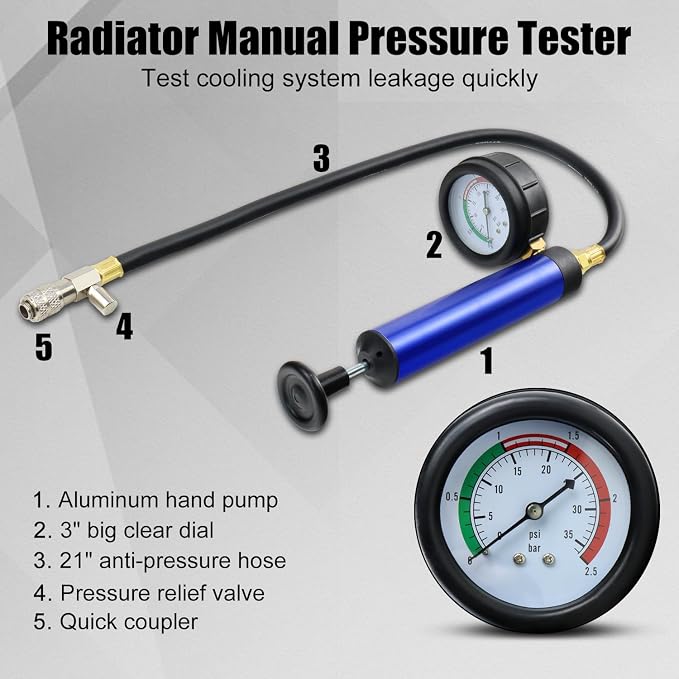 Coolant Pressure Tester Kit, Manual Pump Radiator Pressure Tester and Adapters Work on Cooling System Leak Down Test for Cars Motorcycles Trucks Airlifts, 14PCS Automotive Tools Blue
