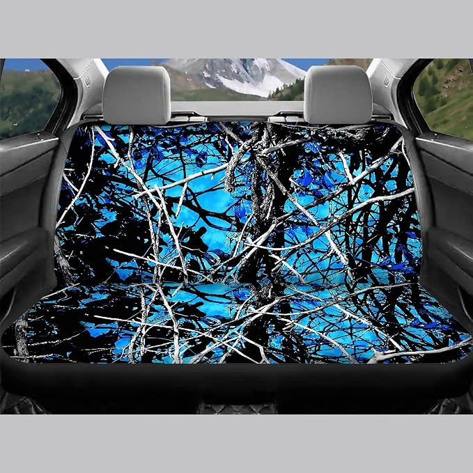 Xoenoiee Universal Car Seat Covers Full Set 11-pcs Blue Forest Camo Car Interior Accessories for Women Men, Car Coasters, Keychain, Steering Wheel Cover, Seat Belt Pad