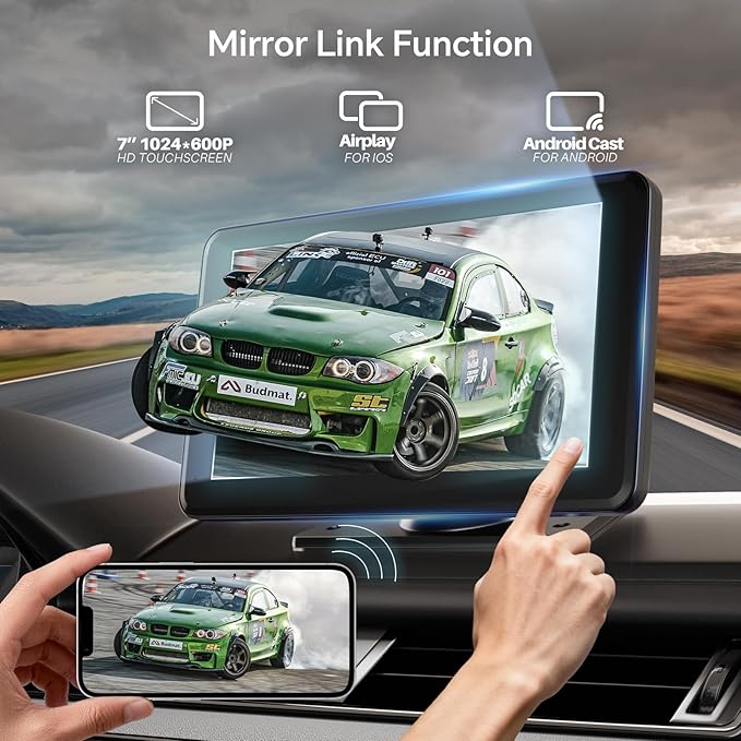 Wireless CarPlay & Android Auto Car Stereo - 7" HD Portable Touchscreen with Bluetooth 5.2, GPS Navigation, Mirror Link, 1080P Backup Camera, AUX & FM Transmitter - Plug & Play Receiver for Vehicles