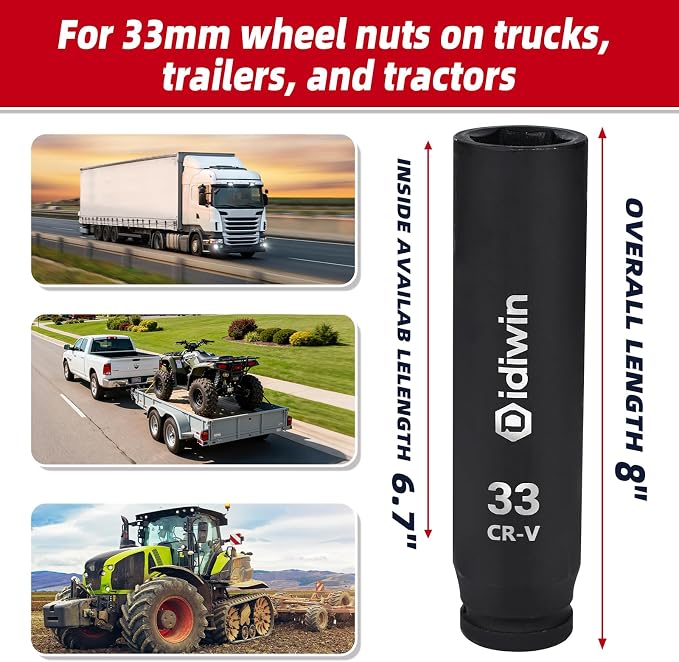 3/4" Drive 33mm Extra Deep Impact Socket, 8" (200mm) Long, 6-Point for Truck, Trailer, and Tractor Wheel Nuts, Heat Treated Cr-V Alloy Steel, One-Piece Forged, Radius corner design
