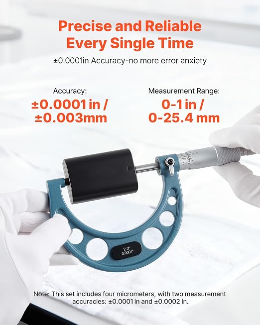 VEVOR 4 PCS Micrometer Set, 0-1"/1-2"/2-3"/3-4" Machinist Outside Micrometer, Ultra-Precision 0.0001 Accuracy, Professional Machinist Tools with Protective Case, for Metalworking & Engineering