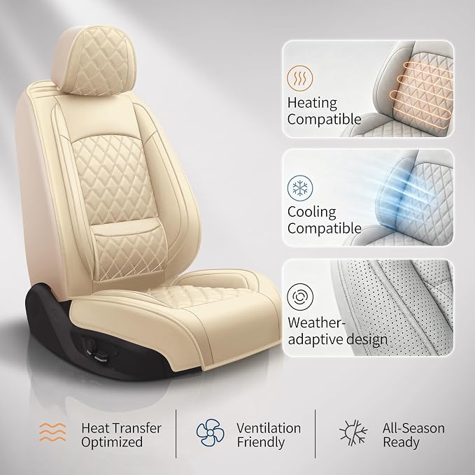 Fit Edge Car Seat Covers for Ford Edge 2007-2025 2026 - Luxury Leather, Anti-Slip, All-Weather Seat Cushions, Waterproof & Breathable, Airbag Compatible, Full 5-Seat Set (Beige)