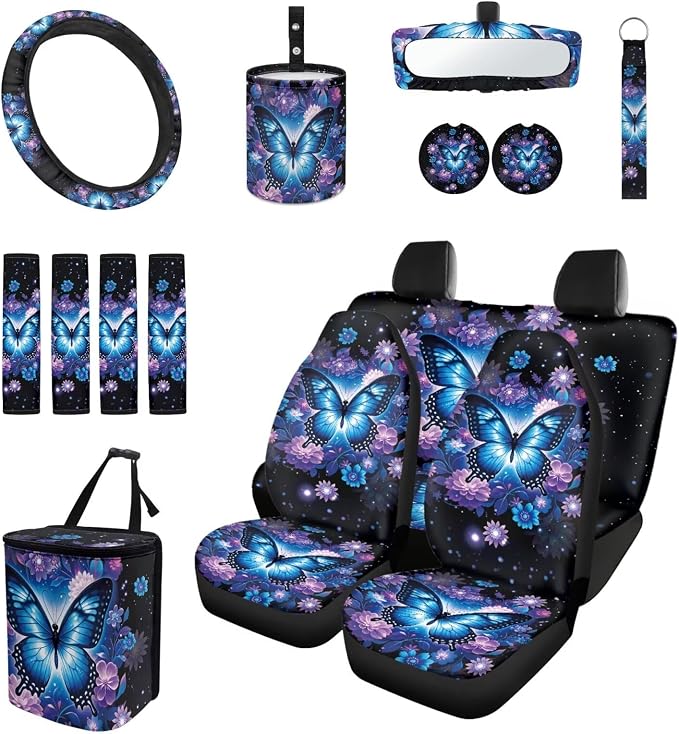Blue Butterfly 15Pcs Car Seat Cover Full Set Car Steering Wheel Cover Seat Belt Cover Trash Bin Front Rear View Mirror Car Cup Holder Keychain