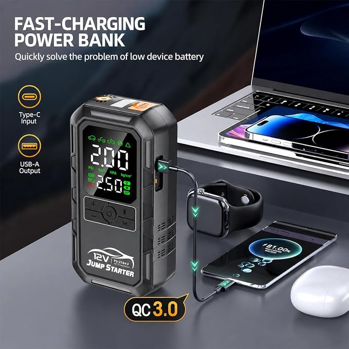 10-in-1 Car Battery Jump Starter with Air Compressor 10000A 160PSI Portable Car Jumper Starter (All Gas 12L Diesel), 12V Jump Box Car Battery Jump Starter Portable Jumper Cables, Lights (10000A)