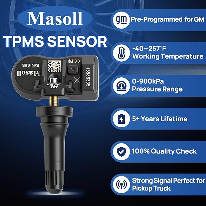 Masoll TPMS Sensor for GM, Tire Pressure Sensor for Chevy Silverado Buick Cadillac GMC, 2026 New Upgrade Tire Pressure Monitoring Sensor 4-Pack, Dual-Antenna Design Tire Sensor