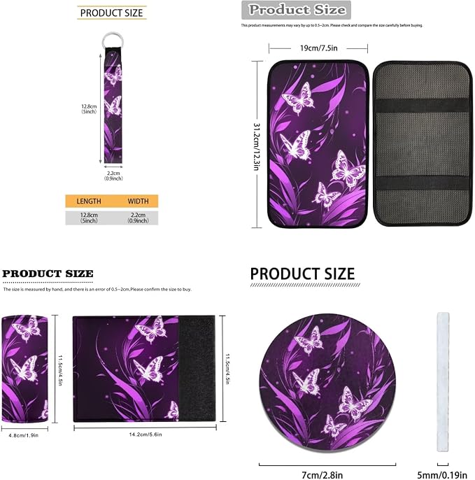 Purple Butterfly Car Seat Covers Full Set Auto Steering Wheel Cover Floor Mats Seat Belt Pads Armrest Pad Covers Roof Handle Wraps Cup Coasters Keychains Car Accessories Set of 18