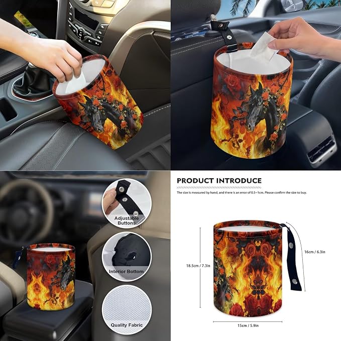 Horse Rose Print Car Interior Cover Set of 14 Fire Print Front and Rear Split Bench Seat Covers with Steering Wheel Cover Center Console Pad Safety Belt Pads for SUV Truck Sedan