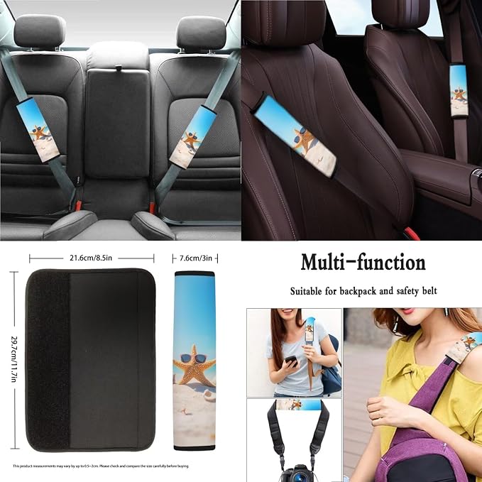 Suobstales Beach Starfish Seashell Conch Print Car Seat Covers Full Set for Women Girly Seat Cover Protector Auto Decorative with Steering Wheel Cover + Seat Belt Covers + Coasters + Keychains