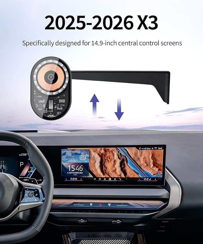 Wireless Charging Car Phone Holder for BMW X3 2025-2026, 14.9" Screen Fixed Clip, 360° Rotation Car Phone Mount Compatible with MagSafe