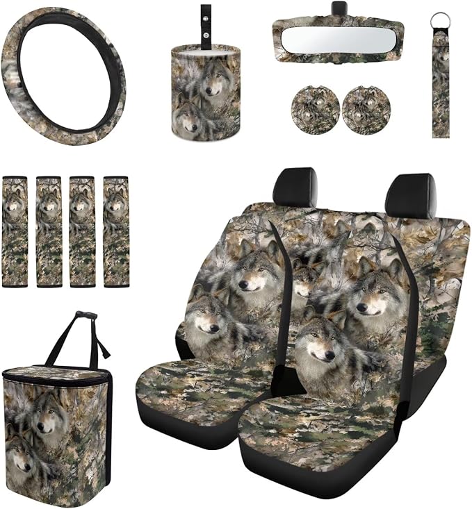 15Pcs Camo Hunting Wolf Car Seat Cover Full Set for Women Men with Car Steering Wheel Cover Seat Belt Cover Trash Bin Front Rear View Mirror Car Cup Holder Keychain