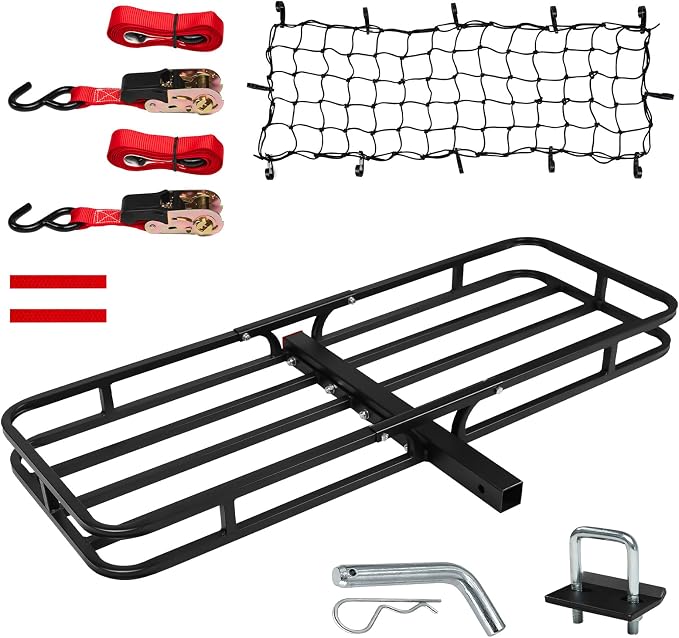 53" x 19" x 5" Hitch Cargo Carrier, 500 Lbs Heavy Duty Trailer Cargo Carrier Basket, Hitch Mount Cargo Carrier with Net, Strap, Tightener, Fits 2" Hitch Receiver for Car SUV Truck Pickup