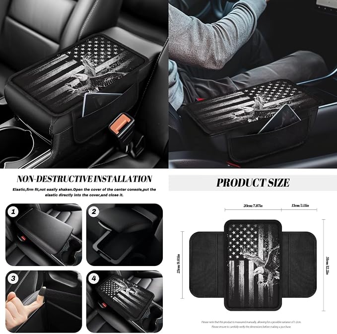 Eagle Print Car Interior Cover Set American Flag Print Car Front and Rear Seat Covers Steering Wheel Cover Armrest Pad Safety Belt Pads Rear View Mirror Protector, 14Pcs