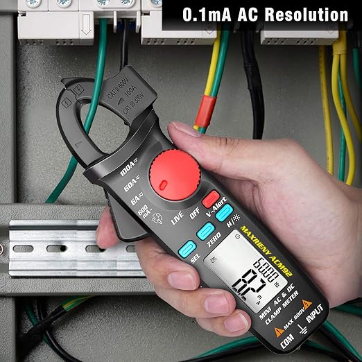 DC AC Clamp Meter 6000 Counts True RMS Digital Multimeter Amp Resistance Frequency Live Check V-Alert Continuity Voltage Tester with Back Clip