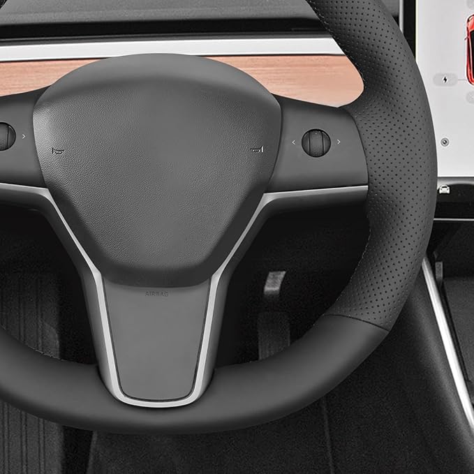 MEWANT Hand Stitch Black Genuine Leather Steering Wheel Cover Wrap for Tesla Model Y 2020-2023 Model 3 2017-2023