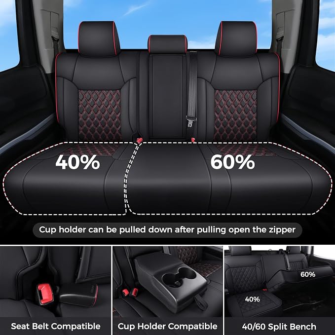 Huidasource Custom Fit Tundra Car Seat Covers Full Set, Waterproof Front&Rear Seat Cushion Fit for 2014-2021 Toyota Tundra CrewMax Pickup Truck (Full Set/Black&Red)