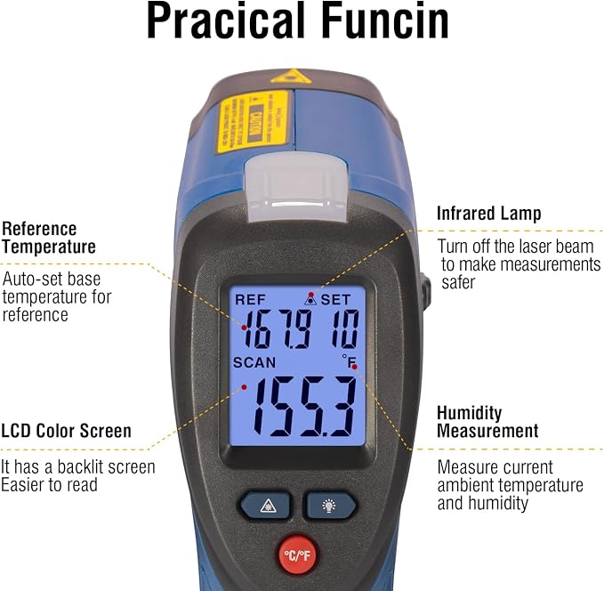 CEM DT-8666 Digital Infrared Meat Thermometer Gun,DS10:1 Instant Read Laser Temperature Gun for Griddle,Grill,Oven,Pizza, Thermal Air Heat Leak Detector for Industrial Repairs with Color Light Alarm