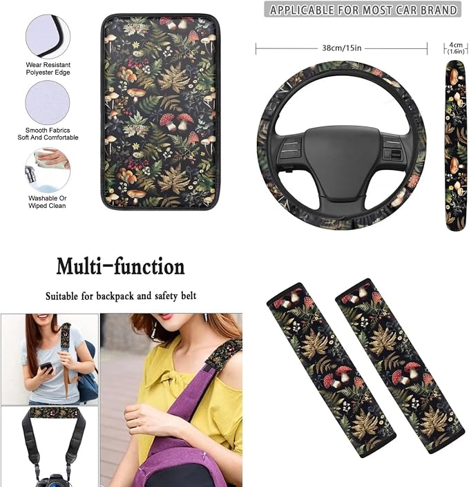 Mumeson Leaves Mushroom Car Seat Covers Full Set with Steering Wheel Cover + Seat Belt Strap Pads Shoulder Pad + Armrest Cushion for Car 8 Pack Set Car Accessories Decor