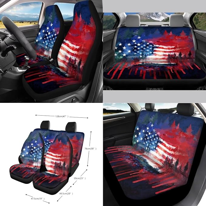 Car Seat Covers 15Pcs Full Set Car Steering Wheel Cover Seat Belt Cover Trash Bin Air Vent Storage Box Rear View Mirror Car Cup Holder Keychain, Vintage American Patriotic Flag