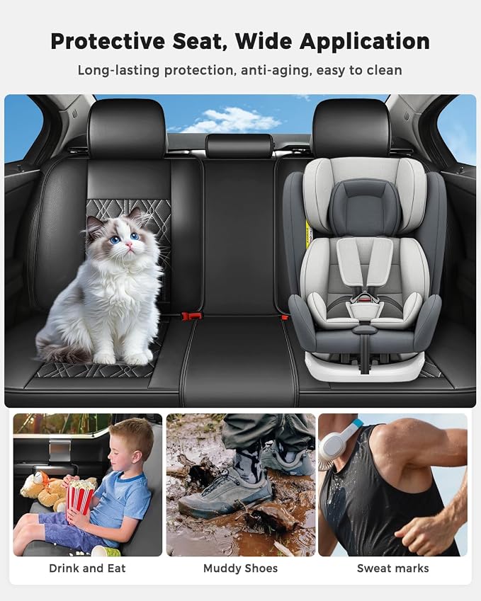 Huidasource Rear Seat Covers, Waterproof Faux Leather Rear Split Bench Car Seat Covers, Universal Fit for Most Cars Sedans SUVs Pickups Trucks, Cup Holder Compatible, Black&White