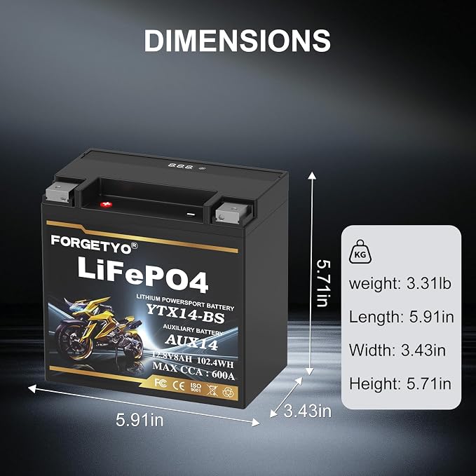 Lithium Motorcycle Battery, Forgetyo YTX14-BS 12.8V 8AH 600A LiFePO4 AUX14 Auxiliary Batteries, ATV UTV Jet Ski Snowmobile Battery