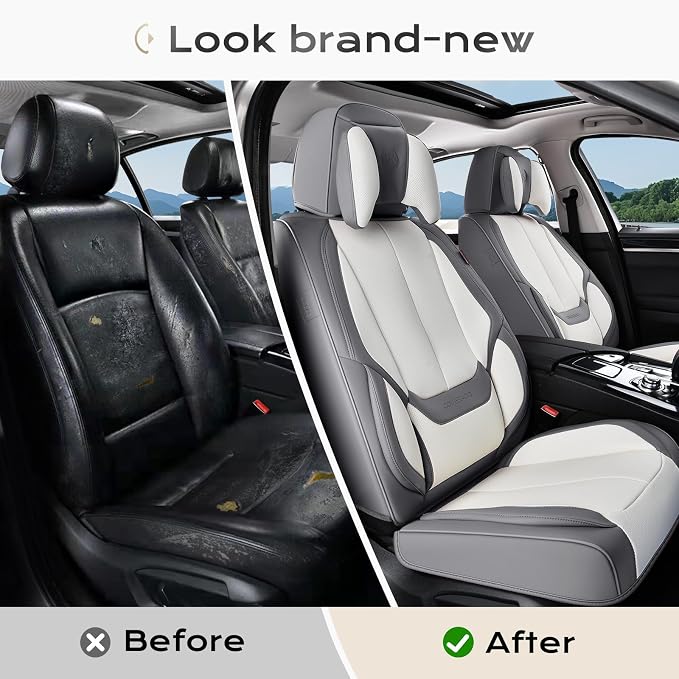 Coverado Seat Covers, Car Seat Covers Front Seats, Car Seat Cover, Car Seat Protector Waterproof, Seat Cushion Nappa Leather with Head Pillow, Carseat Cover Universal Fit for Most Cars (Gray&White)