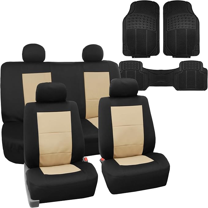 FH Group FB085114 +F11306 Premium Waterproof Seat Covers (Beige) Full Set – Universal Fit for Cars Trucks & SUVs