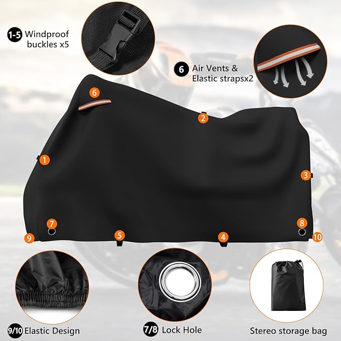 STARTWO Motorcycle Cover Lock-Holes and Storage Bag All Season Universal Night Reflective Universal Heavy Duty Motorcycle Vehicle Cover-86 L x 41" W x 50" H Black