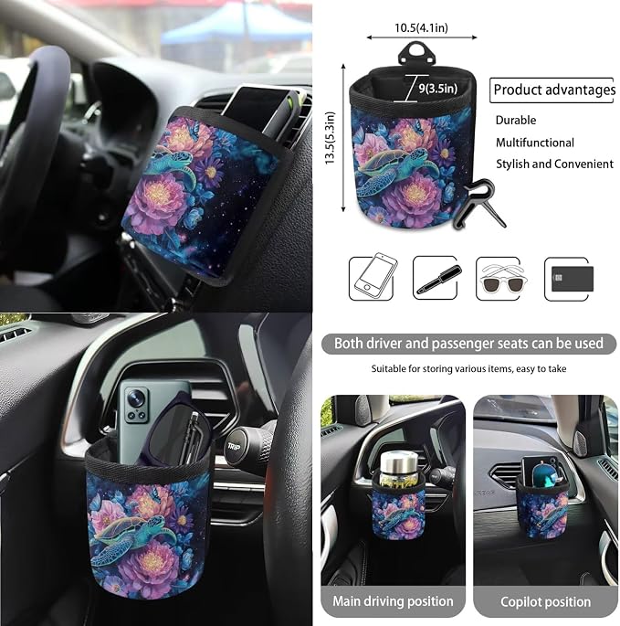 Turtle Peony Flower Star Butterfly Print Full Set with Front Back Seats Covers Steering Wheel Cover Rearview Mirror Cover Keychain Trash Can Auto Seat Belt Pads, Coaster for Women Men