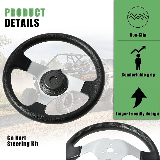 JNDO Go Kart Steering Gear Assembly 17.7" steering shaft + 19.3" rack and pinion steering + 6.9" Tie Rod End + 11.8" steering wheel for Coleman KT196/CK196 196cc Kandi 110cc