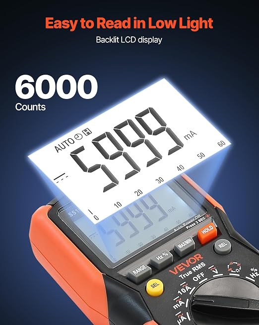 VEVOR Digital Multimeter, 6000-Count TRMS DC/AC Voltmeter Current Tester, Auto-Ranging Multimeter for Current Voltage Resistance Capacitance Temperature Diodes Continuity Low Impedance Measurment