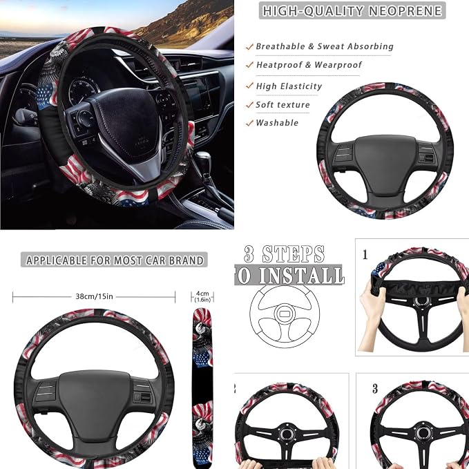 250 Years of America Eagle & Flag Car Seat Cover Set, Patriotic Auto Accessories, 11 Piece 4th of July Decorate, with Steering Wheel Cover and Seatbelt Pad Covers