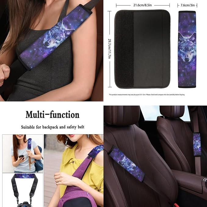 Galaxy Wolf Butterfly Car Interior Accessories Set for Women, 8 Pcs Car Seat Cover Full Set with Car Steering Wheel Cover Auto Center Console Pad Seat Belt Covers