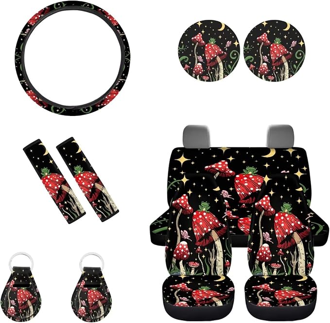 POLERO Moon Star Mushroom Frog Car Seat Cover Set 11 Pcs Car Accessories Interior Aesthetic Car Decor Seat Protector + Steering Wheel Cover + Seat Belt Pads + Keyrings + Coasters