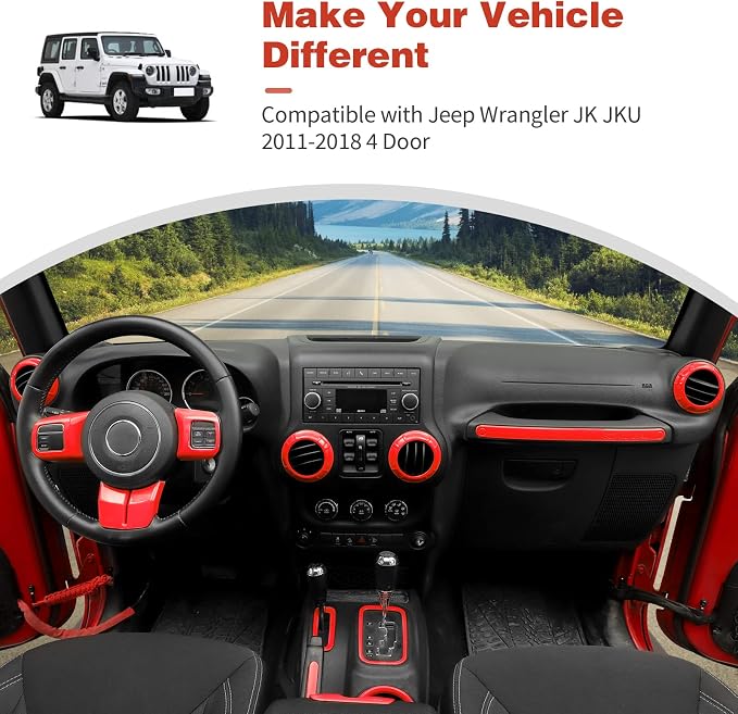CheroCar 18PCS Interior Trim Kit for Jeep Wrangler JK JKU 2011-2018 4 Door,Steering Button Frame, Air Conditioning Vent Trim Cup Holder Cover,Gear Shift Knobs Frame,Red…