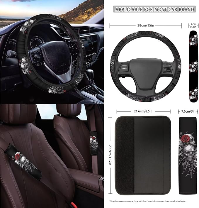 Skull Rose Pattern Car Accessories Set of 15, Full Set Seat Covers with Car Steering Wheel Cover Seatbelt Strap Shoulder Pad Coasters Trash Can Air Vent Storage Bag