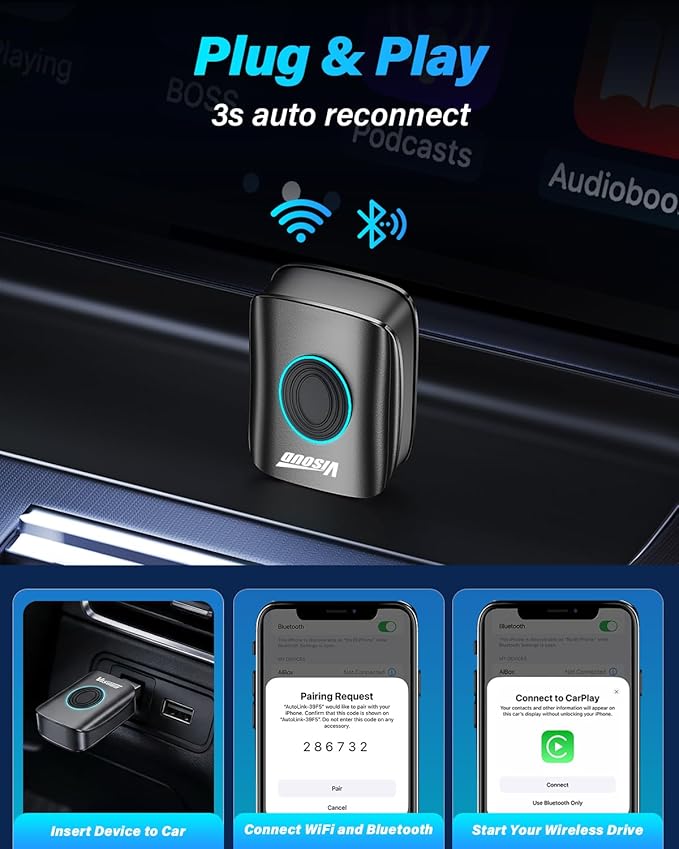 Mini Wireless Carplay Adapter for Apple iPhone & Android Auto Wireless Adapter, Fast and Smooth Converts Wired to Wireless, Plug & Play, Zero delay, (iOS 10+, Android 11+, 2016+ Cars)
