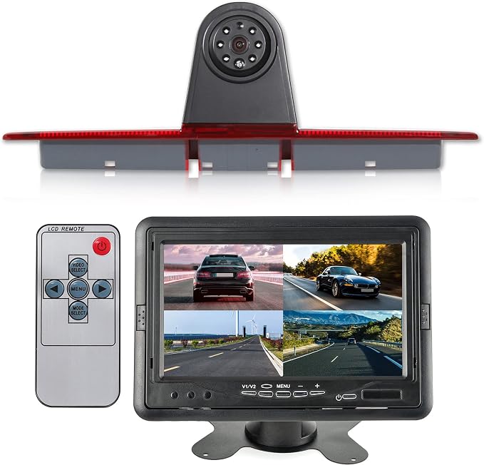 EWAY 3rd Third Brake Light Backup Rear View Reverse Camera with 7 Inch TFT LCD Monitor for Mercedes/Dodge Sprinter W906/VW CrafQuad Split HD Displays Screen Reverse Cameras Monitor with Remote Control