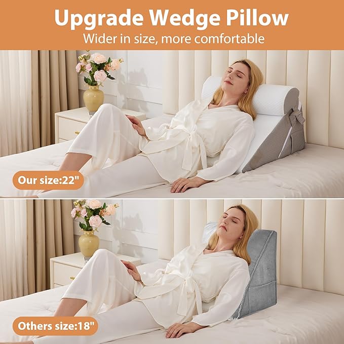 BIEEZZK Wedge Pillow Set for After Surgery, Wedge Pillow for Acid Reflux, Bed Wedge Pillow with Adjustable 9&12inch for Headboard,Sleeping, Orthopedic Memory Foam for Neck&Back Support, White/Grey