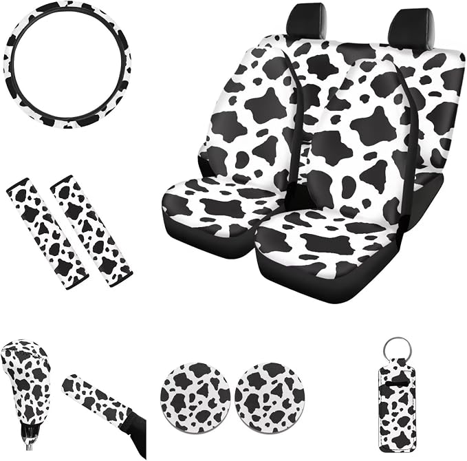 12 Pack Car Seat Covers for Women Cute Cow Print Steering Wheel Cover and Seat Belt Pad Washable Cup Coaster Holder Keychain Shift Protector Auto Seat Cover Accessories