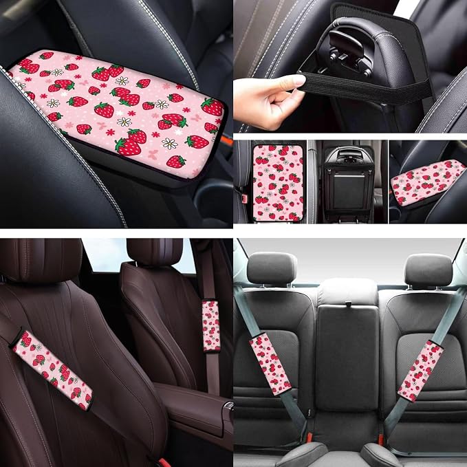 Cute Strawberry Car Seat Covers Full Set 12 Pack with Steering Wheel Cover Center Console Cover Keychain Holder and Car Seat Belt Cover Universal Fit Most Vehicles Cars SUV