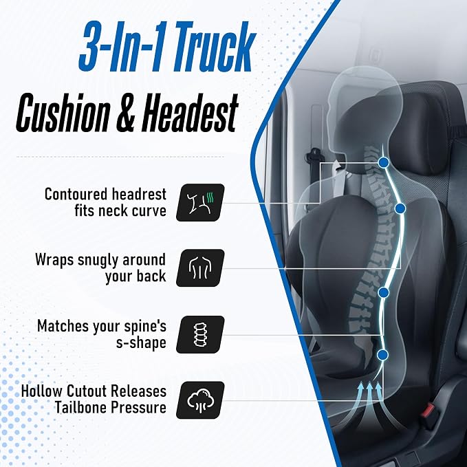 Truck Seat Cushion and Headrest Set for Long Driving - Memory Foam Car Seat Driver Cushion for Tailbone, Back & Sciatica Pain Relief, Ergonomic Lumbar Support for Semi Truck - Black
