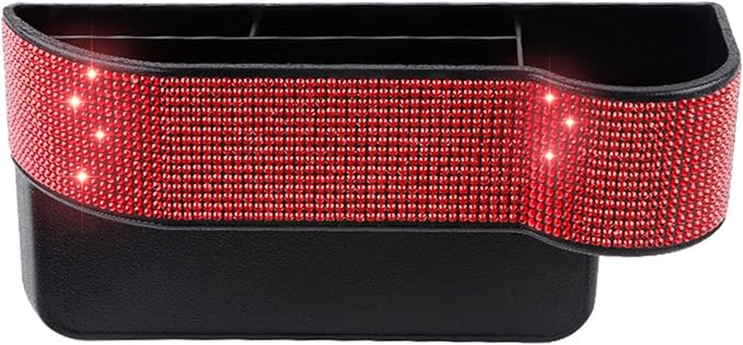 Bling Bling Car Seat Organizer Front Seat Gap Filler with Crystal Rhinestones Diamond, PU Leather Car Seat Console Storage Organizer for Car Accessories (2 Pack Red)