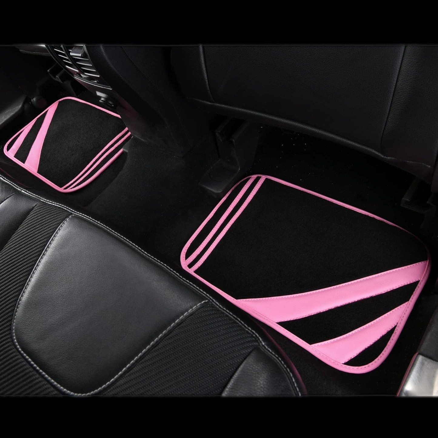 CAR PASS Pink Edge Faux Leather Car Floor Mats Universal Car Carpet Mats with Double Stitch Line Anti-Slip Backing Design, for Cute Girly Women, Fit 95% Automotive,SUVs,Sedan,Vans (Black and Pink)