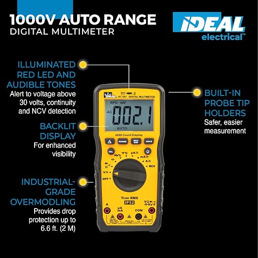 Ideal Electrical 61-347 AC/DC TRMS Multimeter, CAT III 1000V, CAT IV 600V