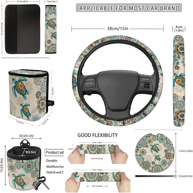 Dreaweet Sea Turtle Seat Covers for Cars Full Set 15 Pcs Universal Boho Steering Wheel Cover Seat Belt Pads Car Coasters Trash Bag Air Vent Storage Pouch Rear View Mirror Cover Keychain