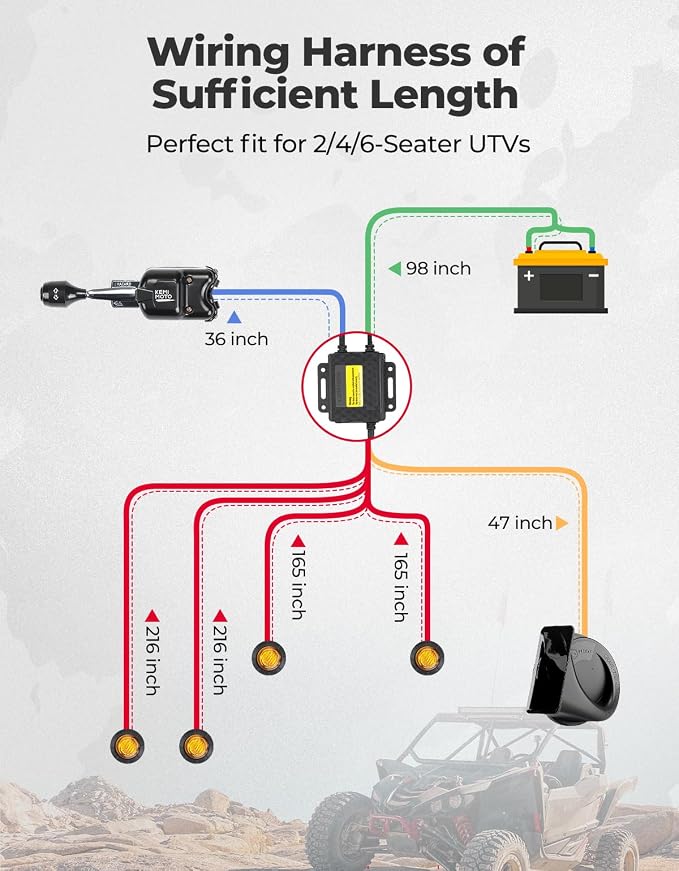 KEMIMOTO UTV Turn Signal Kit with Column Switch and 110D Horn, Pre-Wired, Plug and Play Universal Street Legal Blinker with Lever Switch Compatible with Polaris, Can-Am, Golf Cart, Teryx, CFMOTO